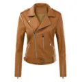 Detailed view of women brown faux leather motorcycle jacket slim fit stylish outerwear piece. - M / Tops / Brown