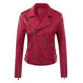 Red faux leather motorcycle jacket detail showing classic lapel, metal zippers and adjustable belt. - M / Tops / Burgundy