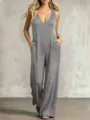 Detailed view of the casual V-neck hooded jumpsuit featuring handy pockets and solid grey color. - S / Set / Gray