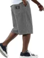 Mens gray corduroy casual shorts detail view, featuring soft ribbed texture and back pocket. - S / Bottoms / Gray