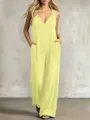 Summer casual sleeveless V-neck hooded jumpsuit with pockets for women solid color loose long pants - S / Set / Yellow