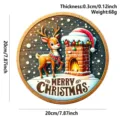Christmas round wooden sign pendant with cute reindeer and fireplace design for holiday decor. - Deer and Chimney