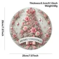 Pink floral Christmas tree wooden hanging sign, round door plaque, holiday home decor 20cm - Light Pink Christmas Tree