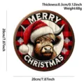 Christmas wooden hanging sign round door plaque with highland cow and plaid pattern decor. - Yak with Santa Hat