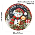 Christmas wooden hanging sign round doorplate with cute snowman and teddy bear design. - Snowman Bear
