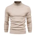 Detailed view of men's slim-fit mock neck knit sweater, ribbed cuffs, fine texture fabric. - S / Tops / Khaki