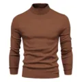 Close-up view of men's brown mock neck slim fit knitted sweater showcasing fine texture and ribbing. - S / Tops / Caramel color