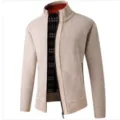 Men's casual knitted cardigan jacket, zip-up stand collar sweater with contrast plaid lining. - M / Tops / Beige