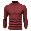 Men's solid color mock neck slim fit knitwear thermal sweater for autumn and winter detail view - S / Tops / Burgundy