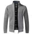 Men's casual knitted cardigan sweater with stand collar, full zip and cozy plaid lining. - M / Tops / 6601 Light Gray