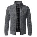 Mens grey stand collar zip knit cardigan sweater with plaid lining casual winter outerwear - M / Tops / 6601 Dark Gray