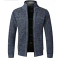 Men's casual knit cardigan sweater, stylish stand collar full zip design, blue wool fabric. - 6601 Blue Gray