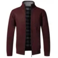 Men's red black knitted cardigan sweater zip up stand collar casual outerwear - 6601 Jujube Red