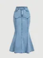 Detailed view of the light blue wash denim mermaid midi skirt with high waist and panels. - XS / Bottoms / Blue