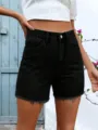 Women's Black High Waist Raw Hem Denim Shorts Casual Summer Stretchy Denim Shorts - XS / Bottoms / Black