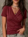 Verano moda mujer casual cruzado cuello V plisado manga corta camiseta burdeos top - S / Tops / Burdeos