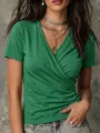 Maglietta corta verde con scollo a V incrociato e pieghe, top casual slim elegante. - Taglia S / Top / Verde