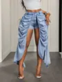 Women summer trendy high waist denim shorts with stylish draped skirt overlay for casual streetwear. - S / Bottoms / Blue