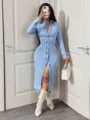 Stylish women's long sleeve button-up denim midi shirt dress for casual daily wear and outings. - S / Dresses / Blue