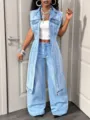 Stylish women's long denim vest and wide-leg trousers casual two-piece outfit set. - XS / Tops / Blue