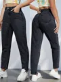 High waist tapered jeans detail front and back view dark grey denim casual style pants - XS / Bottoms / Black