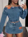 Women denim off-the-shoulder long sleeve top and asymmetrical skirt set for casual wear. - S / Top And Bottom / Medium Blue