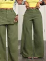 Womens high waist green wide leg casual trousers with stylish irregular crossover design. - S (26) / Bottoms / Army Green