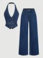 Denim two-piece set featuring a halter vest and high-waist wide-leg jeans for women. - XS / Top And Bottom / Dark Washed Blue