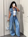 Long denim vest for women, front long back short sleeveless jacket, casual streetwear style. - S / Tops / Dark Blue