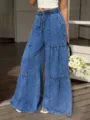 High waist denim wide leg pants with elastic drawstring and tiered ruffle details for women. - XS / Bottoms / Dark Blue