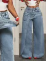 Asymmetrical high waist wide leg jeans for women, trendy denim pants with unique layered waist. - S / Bottoms / Retro Blue