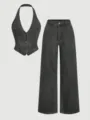 Grey denim halter vest and wide-leg pants set, stylish casual women's two-piece outfit. - S / Top And Bottom / Gray