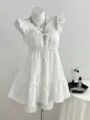 Weißes Sommer Rüschen Träger Mini Kleid, elegante ärmellose A-Linie Freizeit Damen Kleidung. - S / Kleider / Weiß