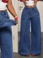 Detailed view of women high waist asymmetrical wide leg denim jeans, stylish blue long trousers. - S (26) / Bottoms / Enzyme Wash Dark Blue
