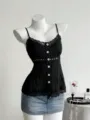 Top de tirantes negro de encaje para mujer, estilo dulce botones florales escote verano - XL / Tops / Negro