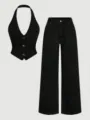 Black denim two piece set featuring a halter vest and wide leg pants for women stylish casual wear. - Black (Pure Black)
