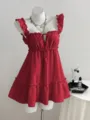 Rotes Rüschen ärmelloses Minikleid Detail, süßes A-Linien Trägerkleid für den Sommeralltag. - S / Kleider / Rot