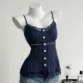 Top corto de verano azul oscuro para mujer con encaje, botones florales y cintura calada. - S / Tops / Azul Marino