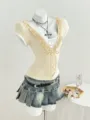 Conjunto de camiseta de manga corta con volantes estilo Y2K y falda plisada de mezclilla. - S / Tops / Amarillo claro