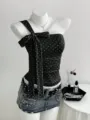 Detail view of the black and white polka dot one shoulder bow strap top with stylish design. - S / Tops / Black