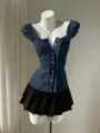 Dark blue puff sleeve crop top with sweetheart neck and pleated skirt, sweet chic women's blouse. - XS / Tops / Navy Blue