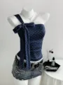 Women one-shoulder polka dot camisole sweet style bow strap crop top with denim skirt set. - S / Tops / Navy Blue