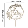 Wooden Oh Baby cake topper with geometric leaf frame, perfect birthday party decoration prop. - Birthday Topper Style H