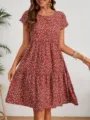 Chic short sleeve floral print tiered midi dress featuring comfortable round neck design. - S / Dresses / Red