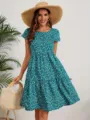 Women Short Sleeve Floral Print Dress Casual Green Summer Round Neck Midi Sundress - S / Dresses / Blue