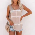Casual tie dye sleeveless henley tank top for women, loose fit summer fashion apparel details. - 5XL / Tops / Khaki