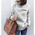 Vista detallada jersey mullido cuello alto mujer con bolsillo en el pecho cremallera. - S / Tops / Gris claro