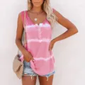 Women casual tie dye sleeveless henley tank top detail view, comfortable summer top shirt. - 5XL / Tops / Pink