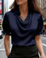 Elegant women's short-sleeve cowl neck blouse, chic solid color stylish summer top for daily. - Navy Blue