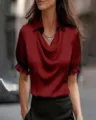 Burgundy satin cowl neck short sleeve blouse detail, elegant womens top close up view - Burgundy